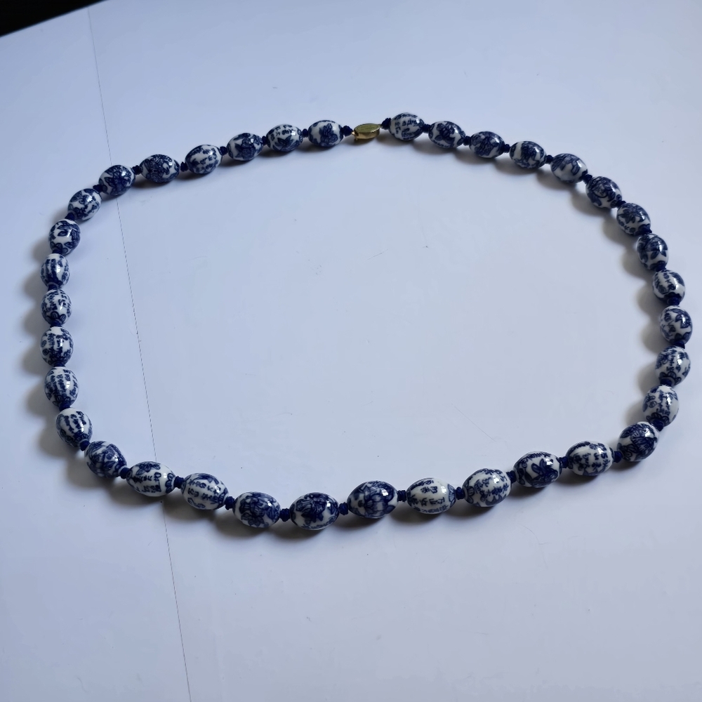 VTG 30" Asian Hand Knotted Blue Hand Painted Porcelain Writing Beads Necklace